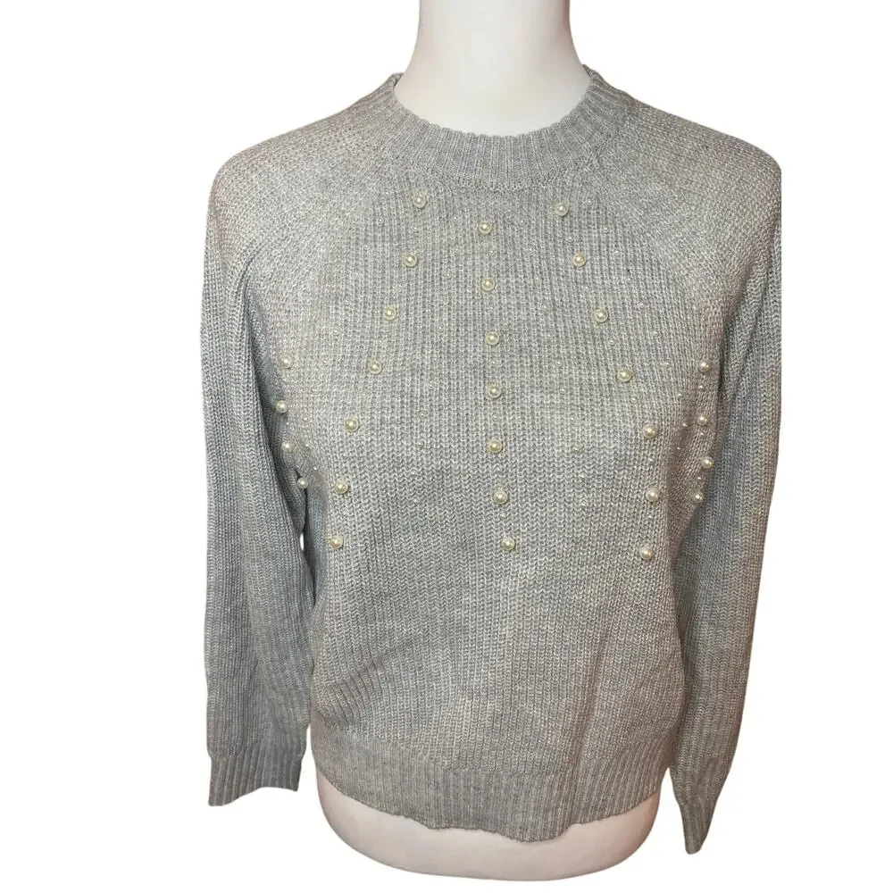 French Connection Women’s Pearl-Embellished Gray Knit Sweater Size XS Coquette
